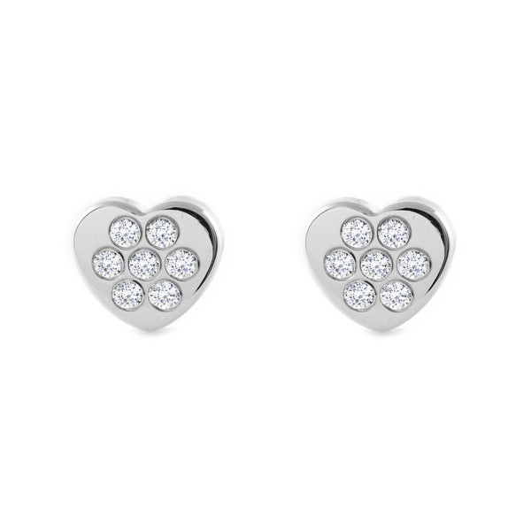 Pendientes Niña Oro Blanco 9K Corazón Circonitas Brillo