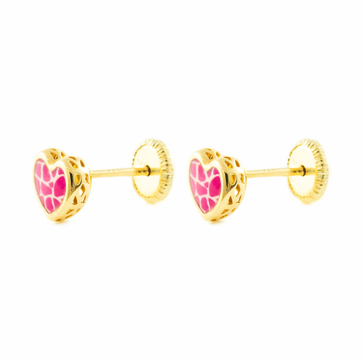 Pendientes Oro Niña corazon esmalte rosa con forro (9kts)