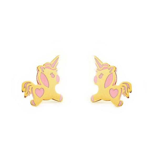 Orecchini ragazza Smalto rosa Unicorno Oro Giallo 9K