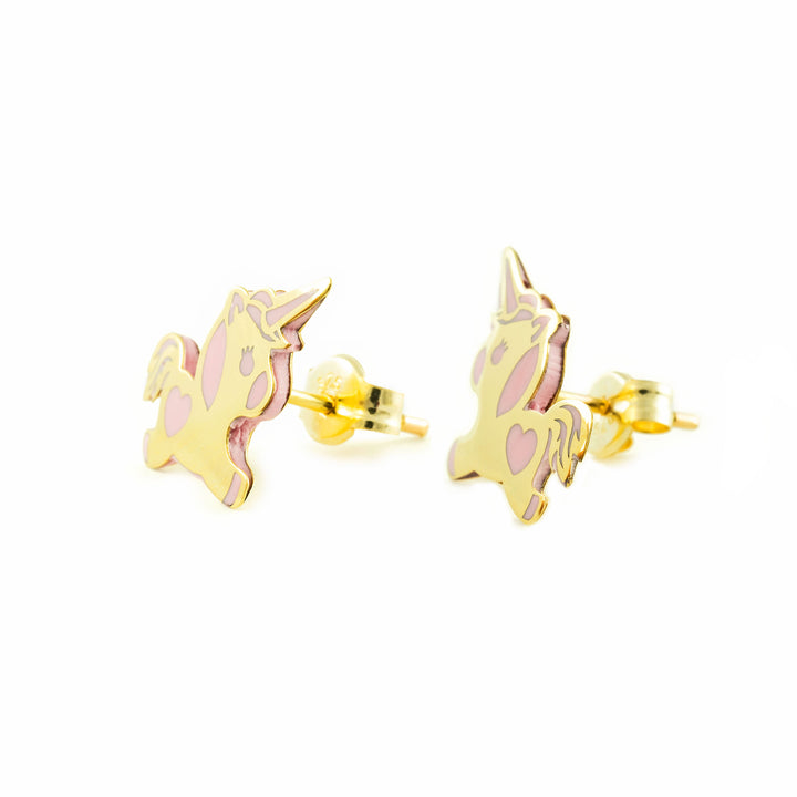 Pendientes Niña oro Unicornio pequeño Esmalte rosa corazón