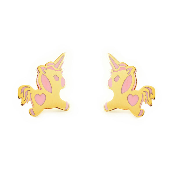 Orecchini ragazza Smalto rosa Unicorno Oro Giallo 9K
