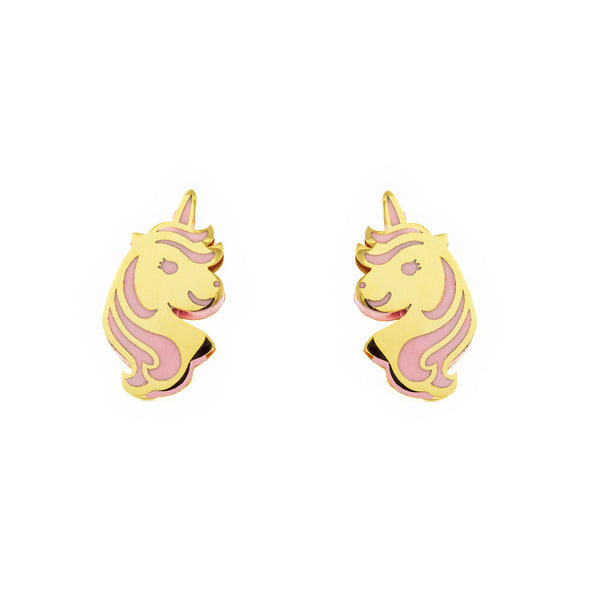 Orecchini ragazza Smalto rosa Unicorno Oro Giallo 9K