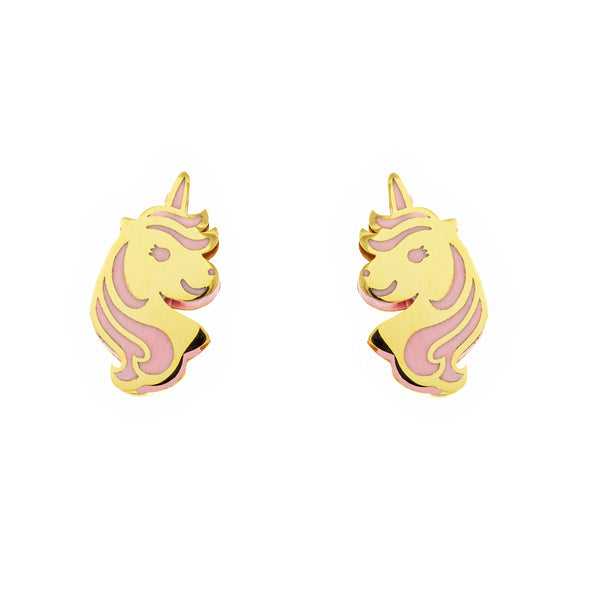 Orecchini ragazza Smalto rosa Unicorno Oro Giallo 9K