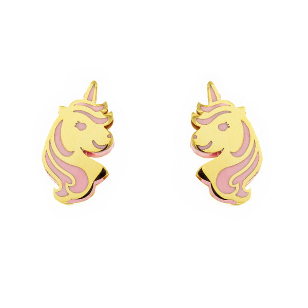 Orecchini ragazza Smalto rosa Unicorno Oro Giallo 9K