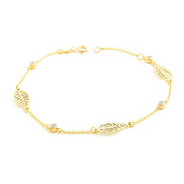 Bracciale Donna Ragazza Oro Giallo 9K Foglie Zirconi Brillante 18 cm