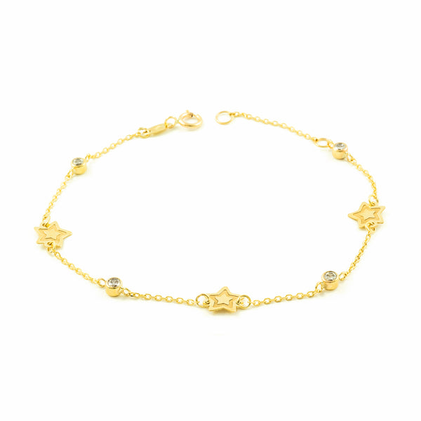 Bracciale Donna Ragazza Oro Giallo 9K Stelle Zirconi Opachi Brillanti 18 cm