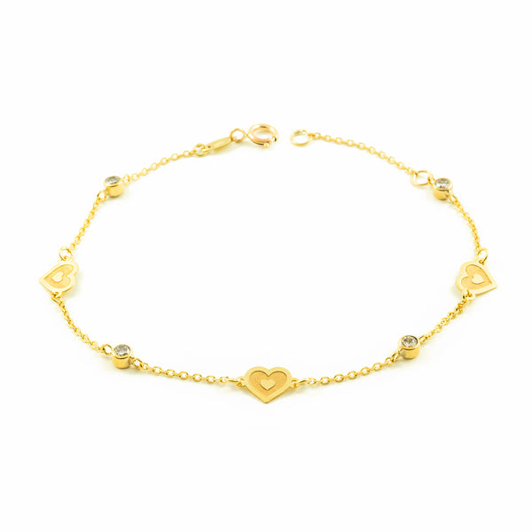 Bracciale Donna Ragazza Oro Giallo 9K Cuori Zirconi Opachi Brillanti 18 cm
