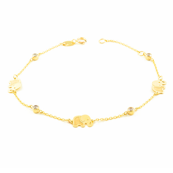 Bracciale Donna Ragazza Oro Giallo 9K Elefanti Zirconi Opachi Brillanti 18 cm
