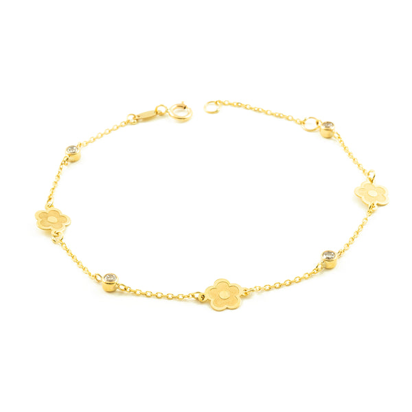 Bracciale Donna Ragazza Oro Giallo 9K Fiori Zirconi Opachi Brillanti 18 cm