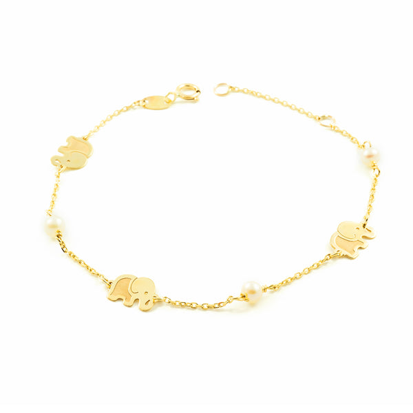 Bracciale Donna Ragazza Oro Giallo 9K Perla Roton3,5 mm Elefanti Opachi Brillante di 18 cm