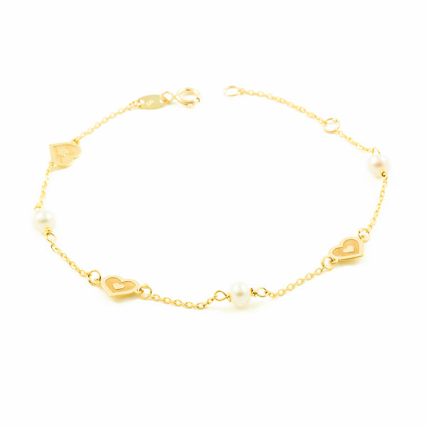 Bracciale Donna Ragazza Oro Giallo 9K Perla Roton3,5 mm a Cuore Brillante do Opaco 18 cm