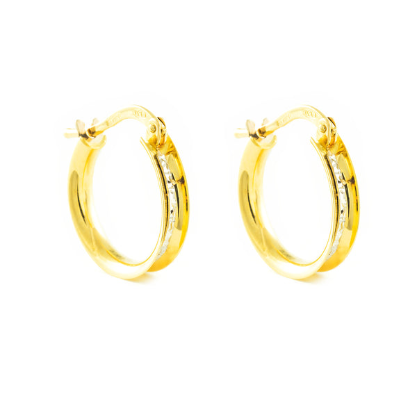 Pendientes Oro Bicolor 18K Aros Brillo y Textura 14 x 3 mm