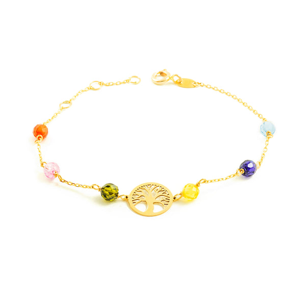 Bracciale Donna Ragazza Oro Giallo 9K Albero della Vita Multicolore Brillante 16 cm