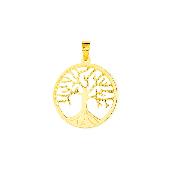 Colgante Oro Amarillo 18K Redondo Arbol de la vida Brillo y Textura