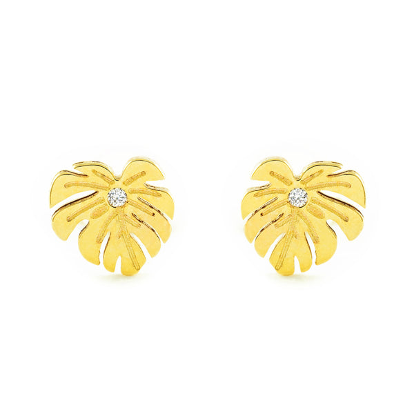 Orecchini ragazza Foglia Zircone Oro Giallo 9K opaca e brillante
