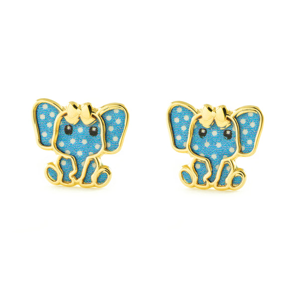 Orecchini ragazza Smalto Blu Elefante Oro Giallo 9K