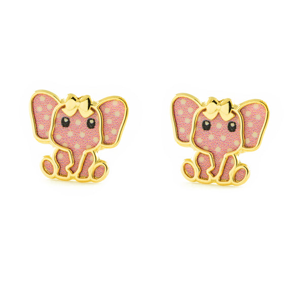 Orecchini ragazza Smalto rosa chiaro Elefante Oro Giallo 9K