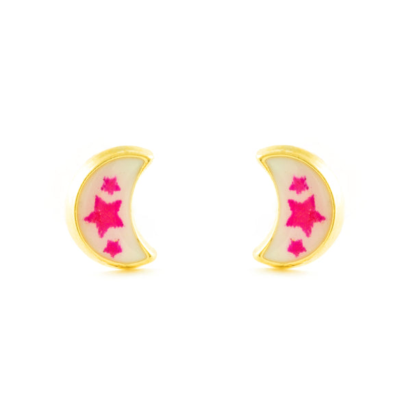 Orecchini ragazza Smalto Rosa-Bianco Luna Oro Giallo 9K