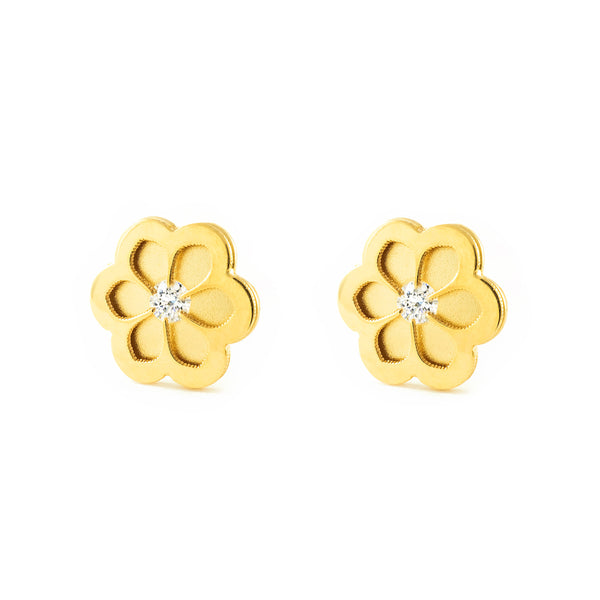 Orecchini ragazza fiore margherita Zircone Oro Giallo 9K opaca e brillante