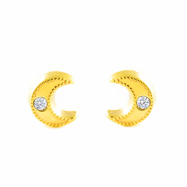 Pendientes Bebe-Niña Oro Amarillo 9K Luna Circonita Brillo y Textura