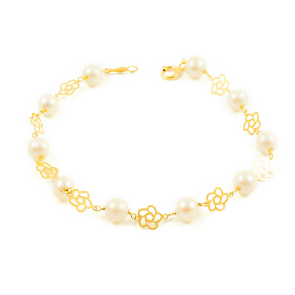 Bracciale Ragazza Oro Giallo 18K Perla Roton5,5 mm Fiori Brillanti 18 cm