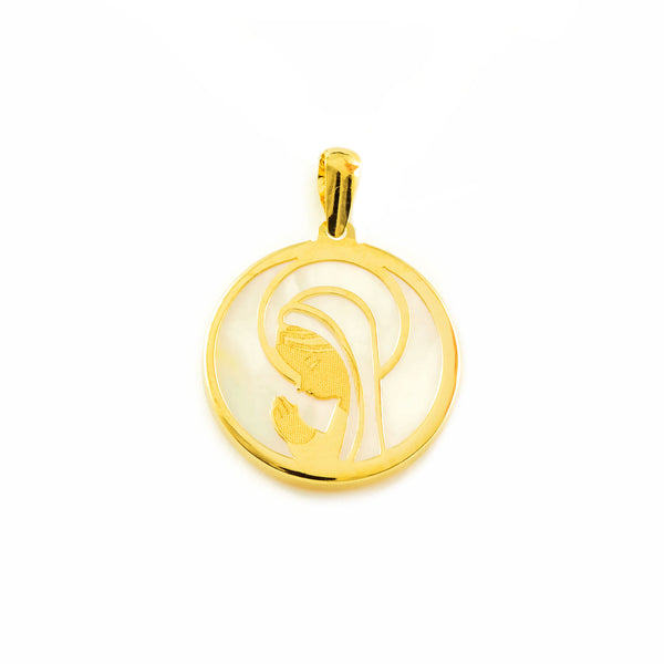 Colgante Oro Amarillo 18K Nacar Redondo Virgen Niña Mate y Brillo