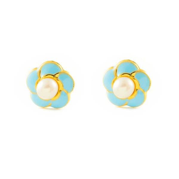 Orecchini ragazza Smalto viola Fiore Perla 3 mm Oro Giallo 18K