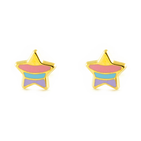 Pendientes Niña Oro Amarillo 18K Estrella Esmalte Multicolor Brillo