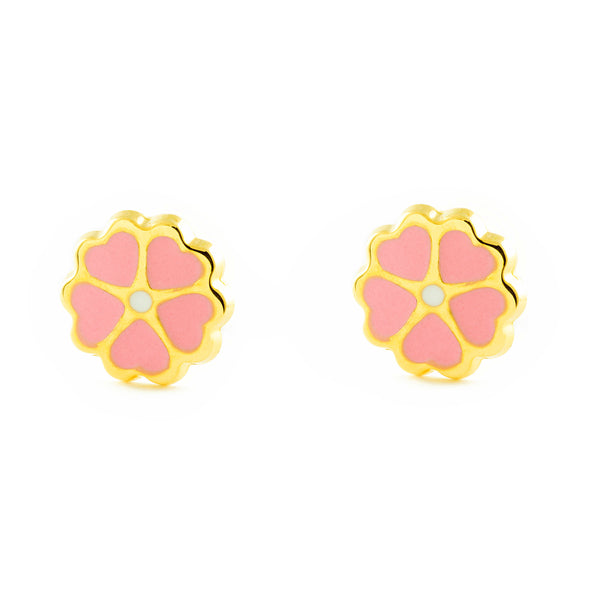 Orecchini ragazza Smalto viola Fiore Oro Giallo 18K