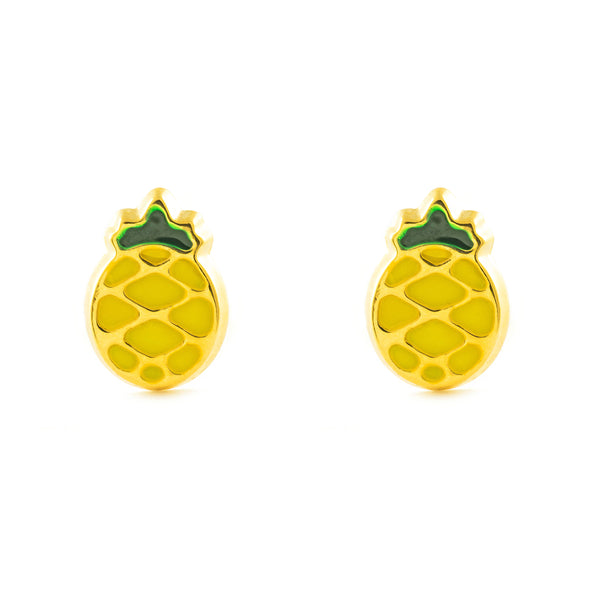 Pendientes Niña Oro Amarillo 18K Piña Esmalte Verde-Amarillo Brillo