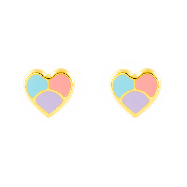 Pendientes Niña Oro Amarillo 9K Corazón Esmalte Multicolor Brillo