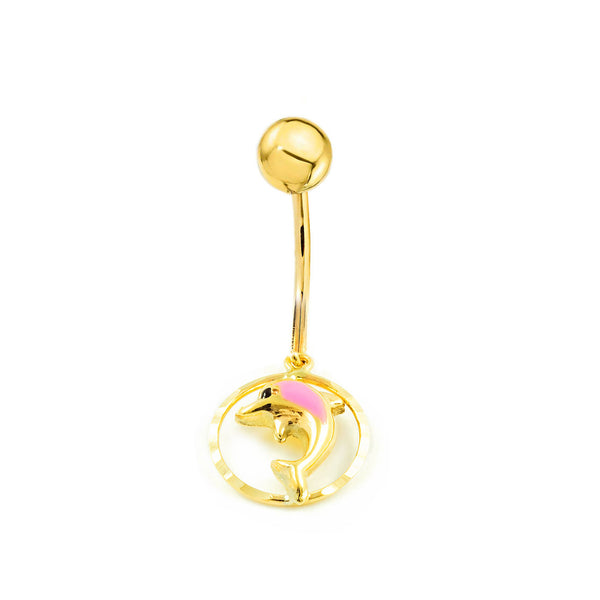 Piercing Ombelico Oro Giallo 9K Esmalte Rosa Brillante Forma di Delfino