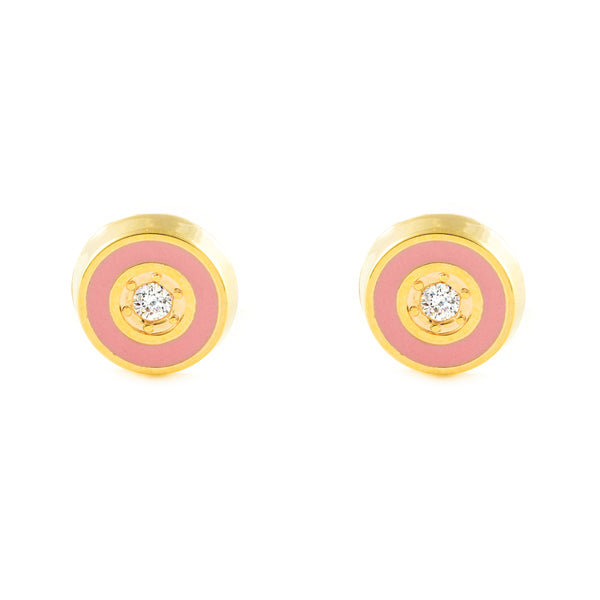 Pendientes Niña Oro Amarillo 9K Redondo Esmalte Rosa Circonita Brillo