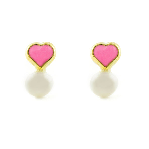 Pendientes Niña Oro Amarillo 9K Tu y Yo Perla Redonda 4 mm Corazón Rosa Brillo
