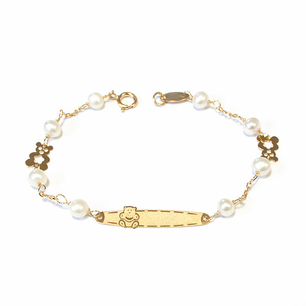 Bracciale Ragazza Oro Giallo 18K Personalizzata Schiava Orso Perla 4 mm Opaca Brillante 13 cm