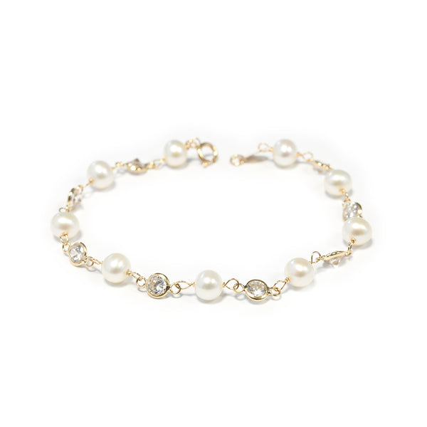 Bracciale Ragazza Oro Giallo 18K Perla Roton5,5 mm Charm Rotondi Circonite Brillante 17 cm