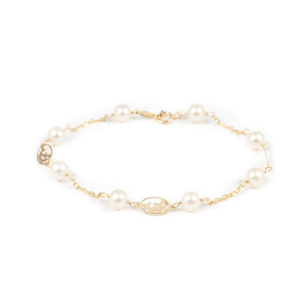 Bracciale Ragazza Oro Giallo 18K Perla Roton5,5 mm Delfino Brillante 18 cm