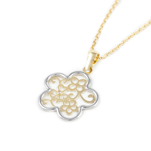 Colgante Oro Bicolor 18K Flor Treboles Circonita Mate y Brillo
