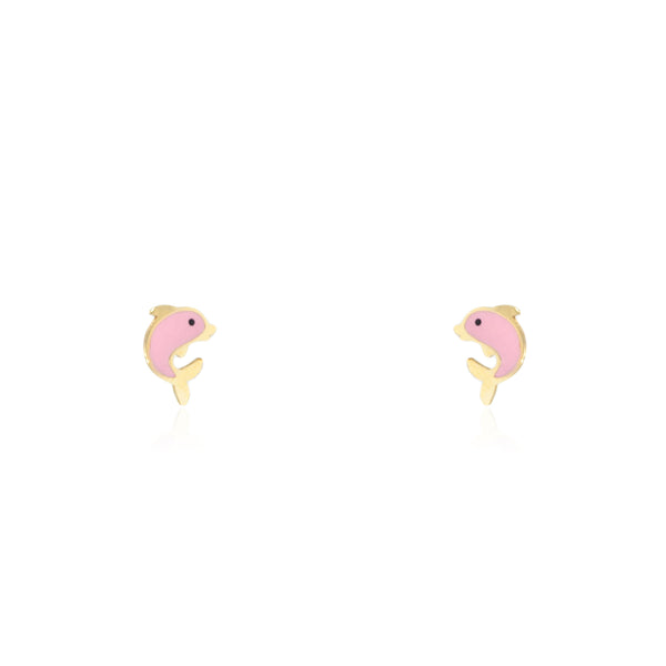 Pendientes Niña Oro Amarillo 18K Delfín Esmalte Rosa Brillo