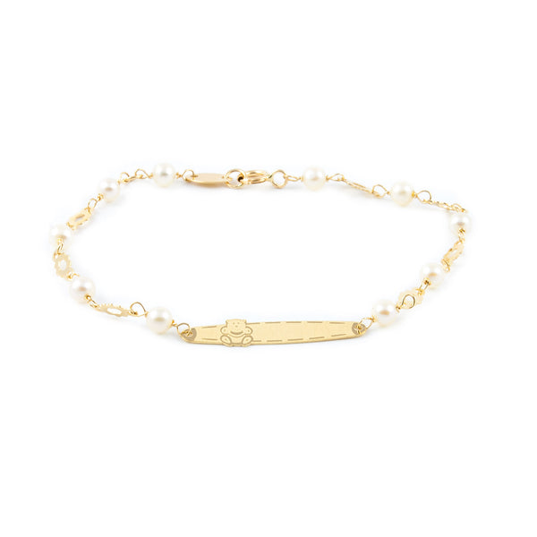 Bracciale Ragazza Oro Giallo 18K Personalizzata Schiava Orso Perla 3 mm Opaca Brillante 15 cm