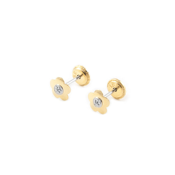 Pendientes Bebe-Niña Oro Bicolor 18K Flor Margarita Circonita Brillo