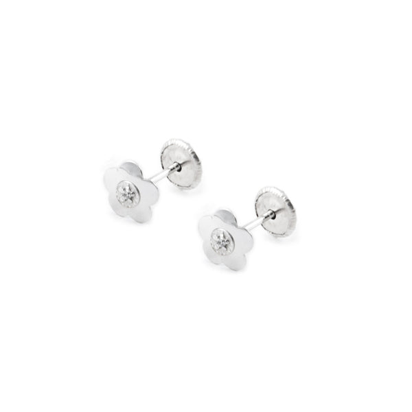 Pendientes Bebe-Niña Oro Blanco 18K Flor Margarita Circonita Brillo