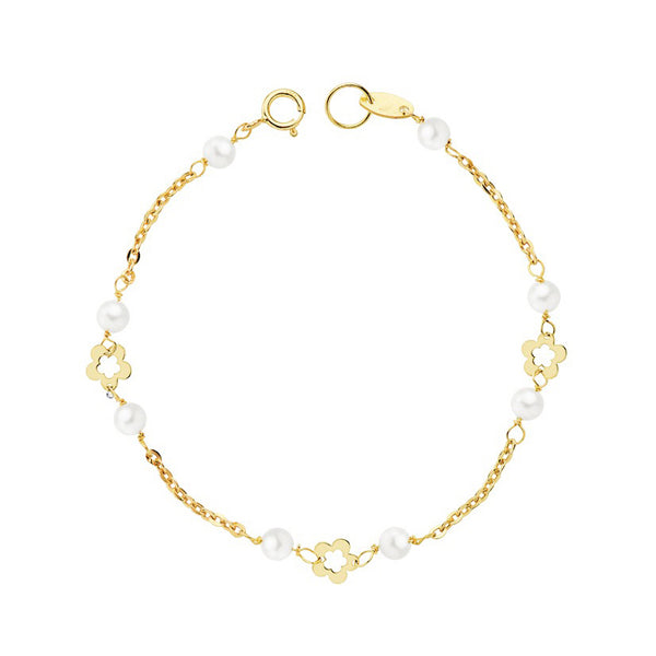 Bracciale Ragazza Oro Giallo 18K Perla Roton3 mm Fiori Brillante di 13 cm