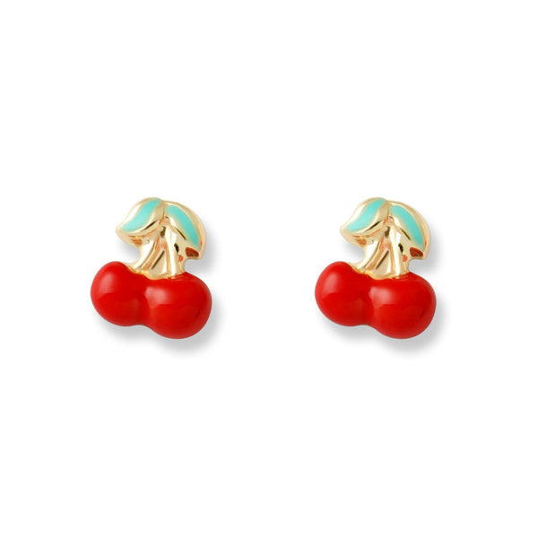 Orecchini bambini ragazza Smalto Rosso-Verde Ciliegie Oro Giallo 9K