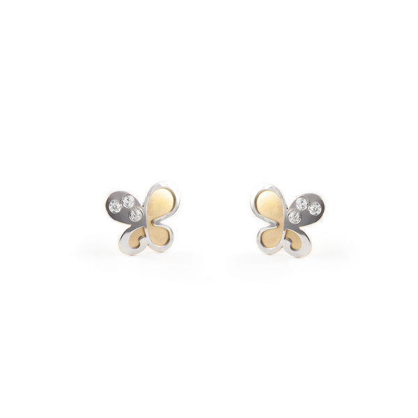 Pendientes Niña Oro Bicolor 18K Mariposa Circonita Mate y Brillo