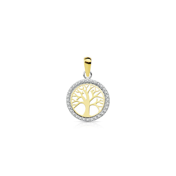 Colgante Oro Bicolor 18K Redondo Arbol de la vida Circonitas Brillo