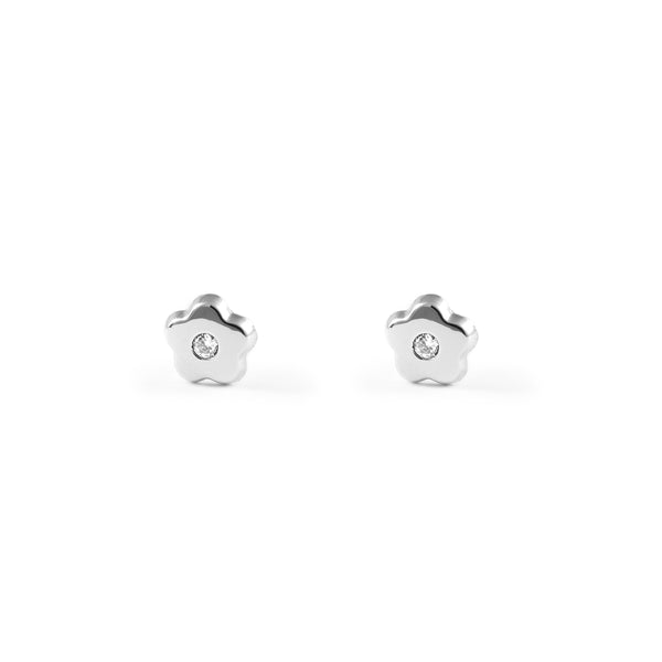 Pendientes Bebe-Niña Oro Blanco 9K Flor Margarita Circonita Brillo