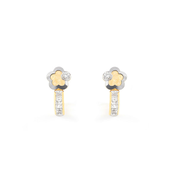 Pendientes Niña Oro Bicolor 18K Flor Circonitas Brillo