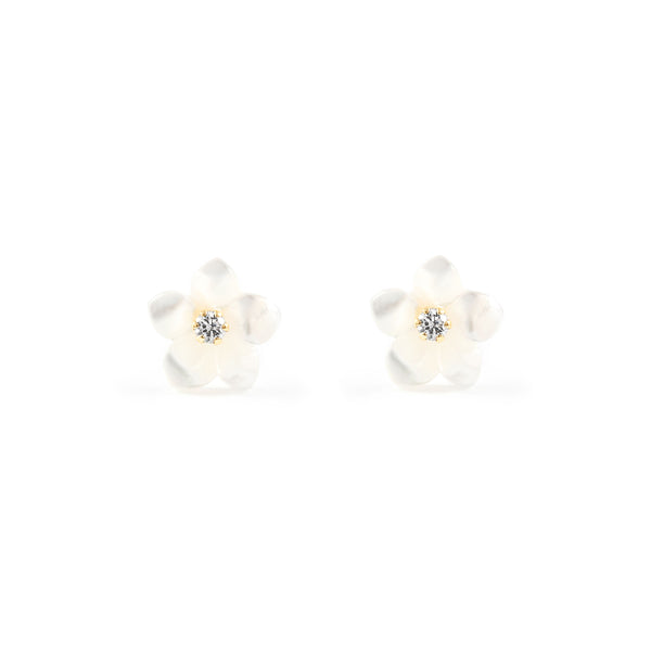 Orecchini ragazza donna Madreperla Fiore Zircone Oro Giallo 9K