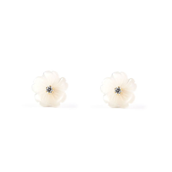 Orecchini ragazza donna Madreperla Fiore Zircone Oro Giallo 18K